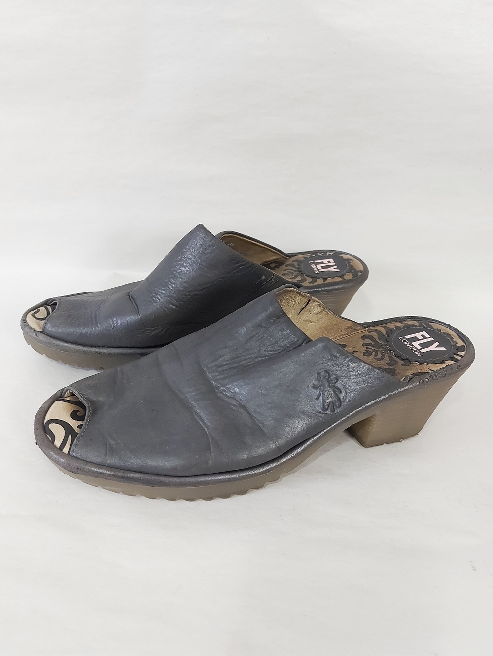 Fly London Women Wony Peep Toe Comfy Heeled Mules Slide Slip-on Clogs Size 40 EU